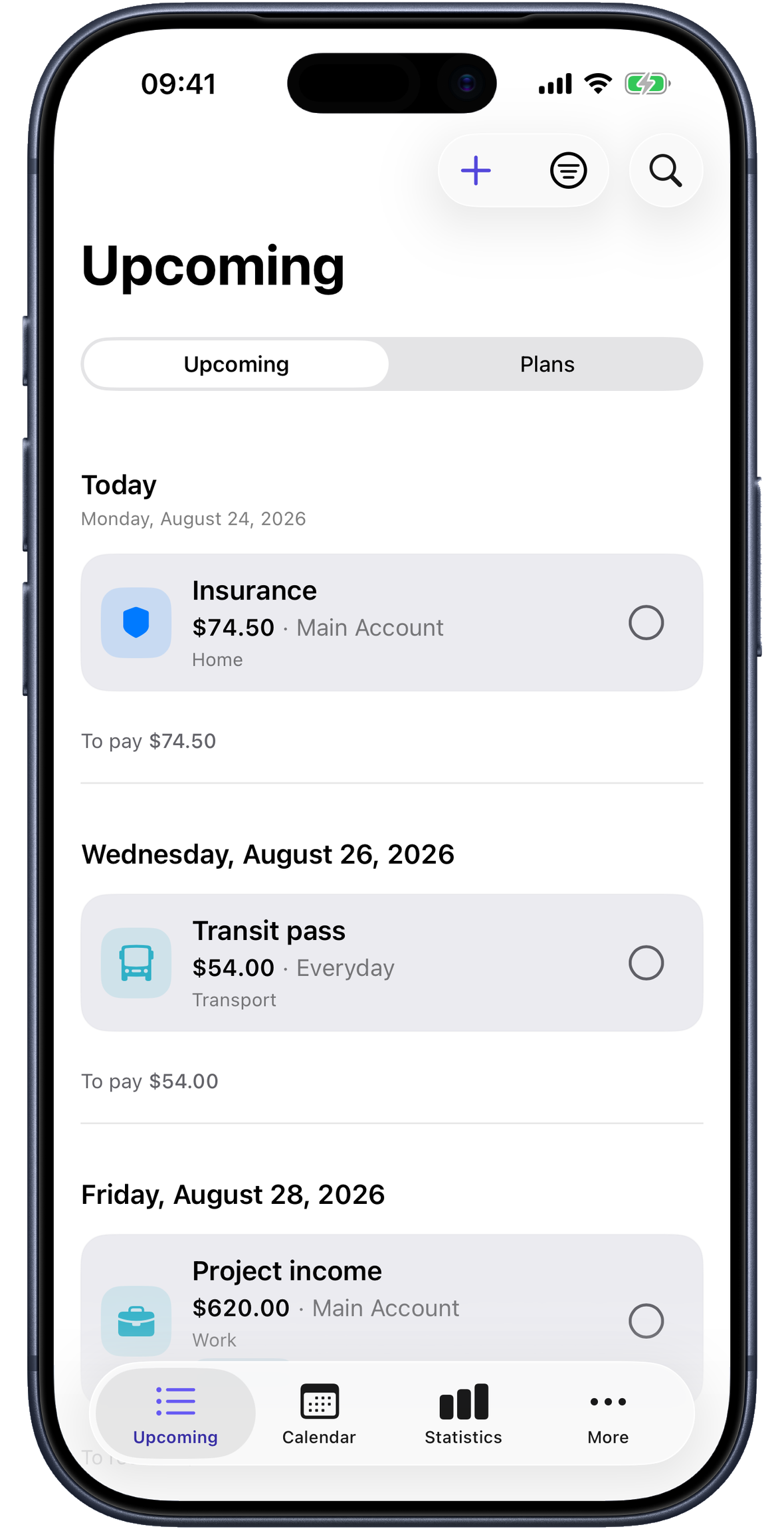 Upcoming payments, right where you need them